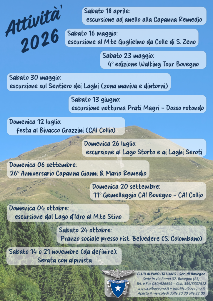 CAI Bovegno: scopri il programma attività 2026 e rinnova il tesseramento. Sede aperta anche il sabato pomeriggio (16-18) fino a fine marzo per il rilascio dei bollini.